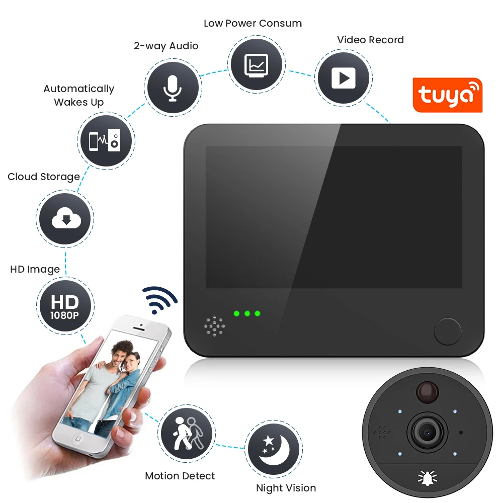 Tuya 1080P HD Peephole Viewer WiFi Smart Video Doorbell Peephole Viewer 170 Degree Door Viewer Remote Intercom Security Monitor