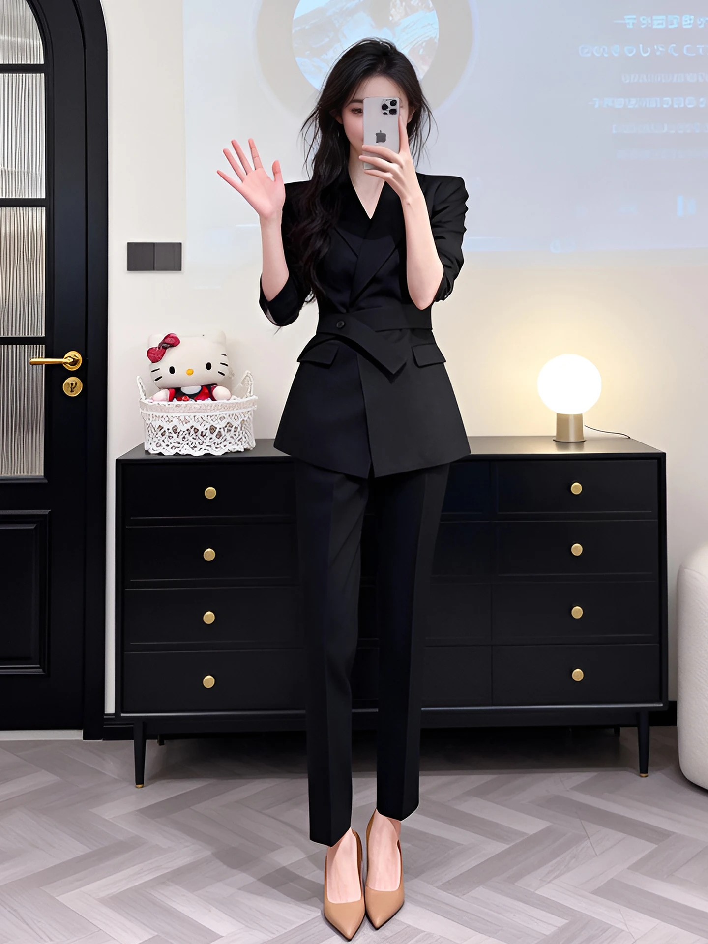 

Hebe Style Commuter Black Suit Set Women's Two-Piece Slimming Elegance Design Spring Autumn High Waist Long Pants