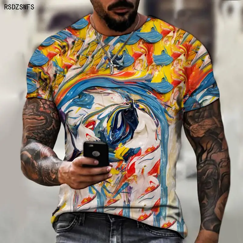 2021 new abstract mosaic pattern 3D printing T-shirt best-selling 3D printing street hip-hop men\'s color casual fashion