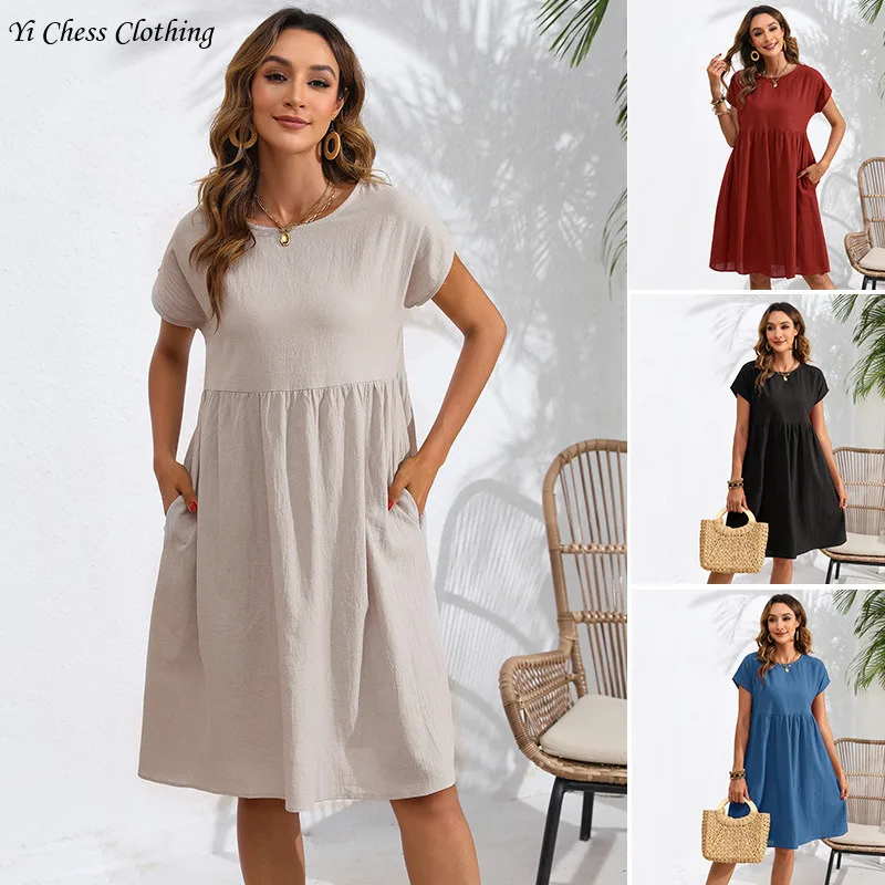 2024 Summer New Fashionable and Beautiful Solid Color Cotton Linen Round Neck Sleeveless A-line Skirt Pocket Dress