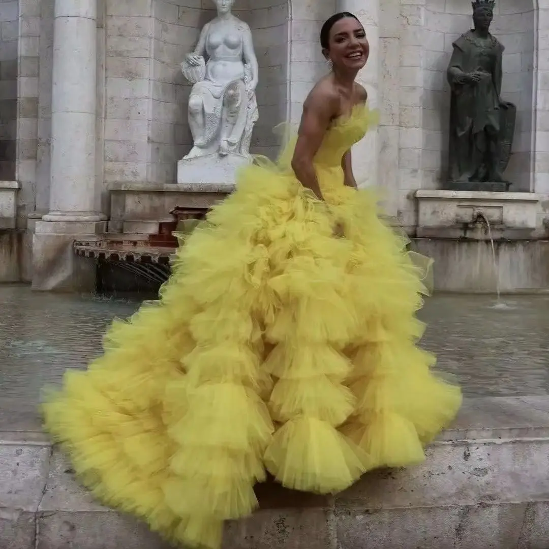 Customize  Dreamlike Yellow Fluffy Tulle Long Women Party Dresses Pretty Engagement Dresses