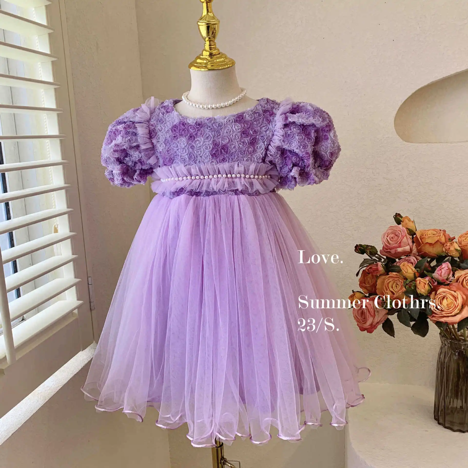 Girls Dress Summer 2024 New 3D Rose Mesh Baby Dress Childrens Princess Dress Kids Dresses for Girls