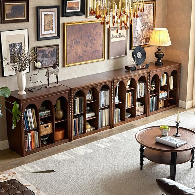 French retro solid wood bookcase combination TV cabinet living room display combination module low cabinet floor bookshelf