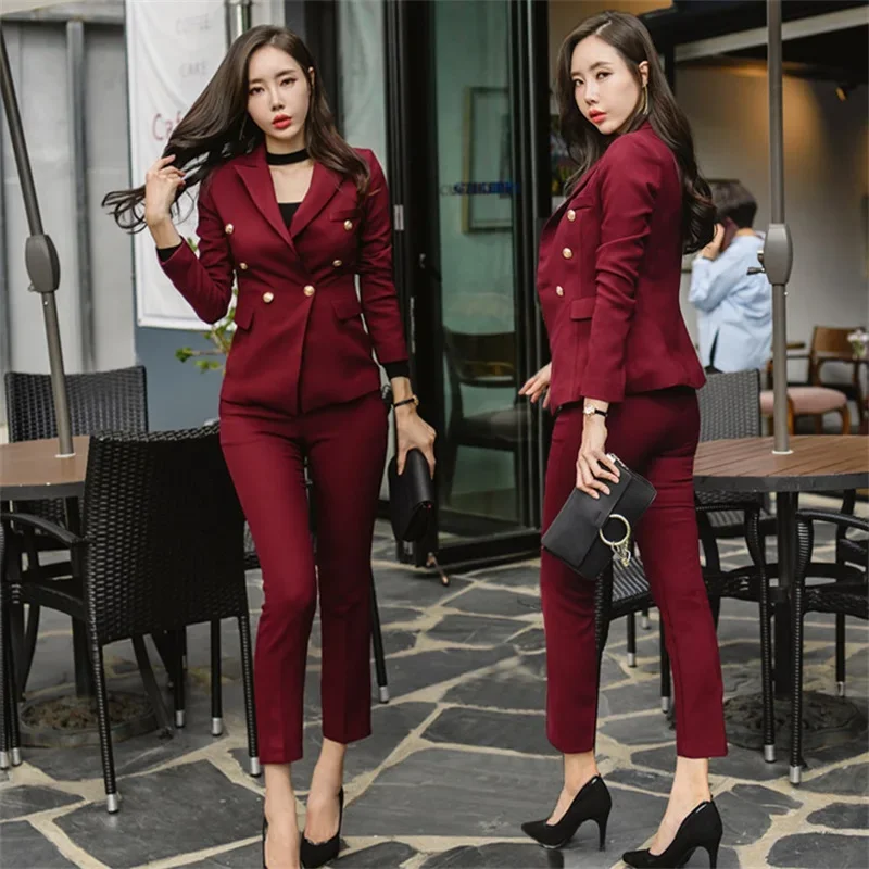 Sexy wine red slim style women\'s trousers slim body suit waist double-breasted jacket and pencil pants OL professional women\'s