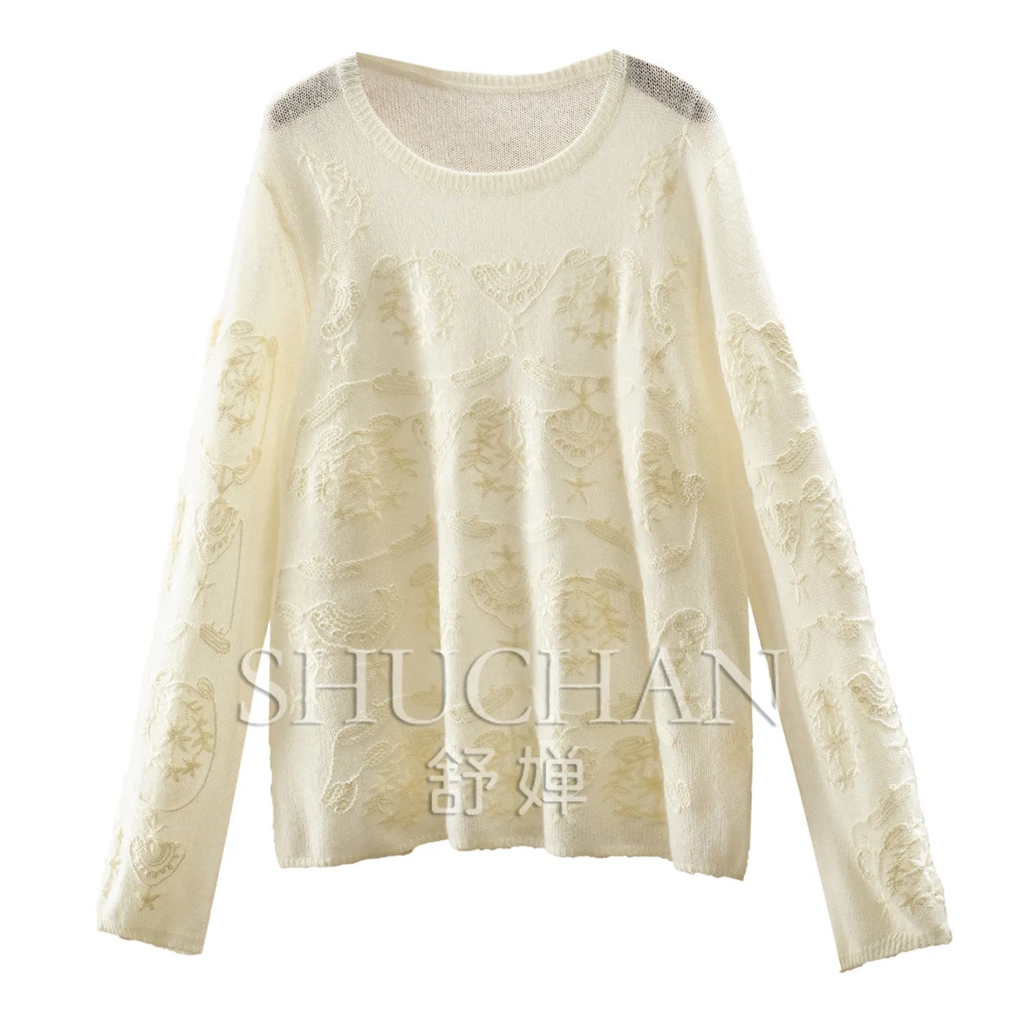 Thin Pullover 140g Industry Embossed Embroidery 100% Cashmere Crew Neck Sweater  Women's 71W7