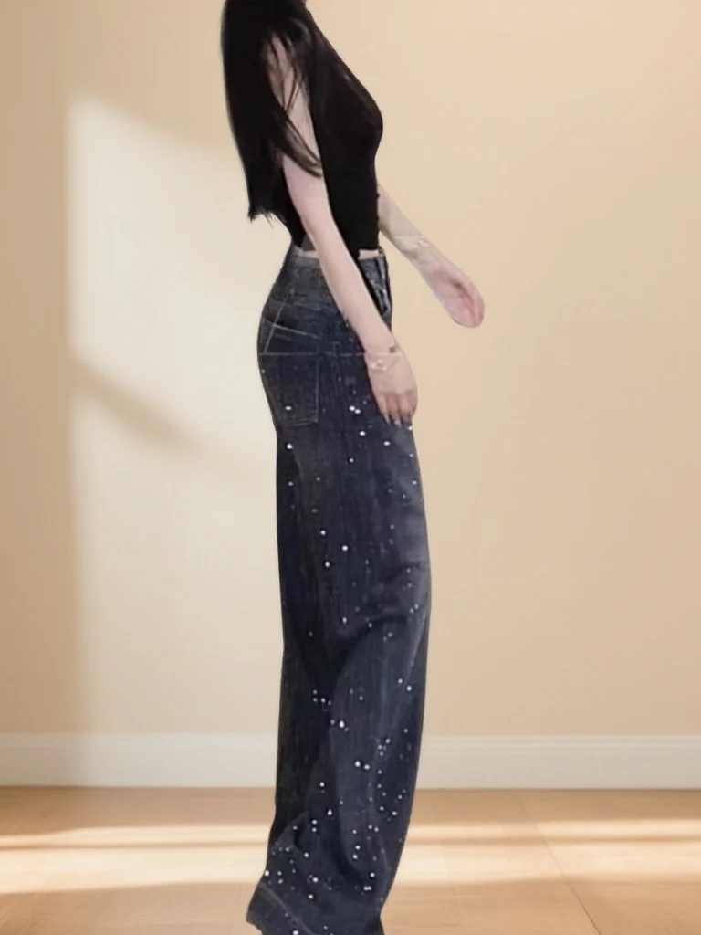 

Модные широкие джинсы в стиле ретро с бриллиантами, женские повседневные джинсовые брюки с высокой талией и несколькими карманами, черные джинсовые брюки с водной талией