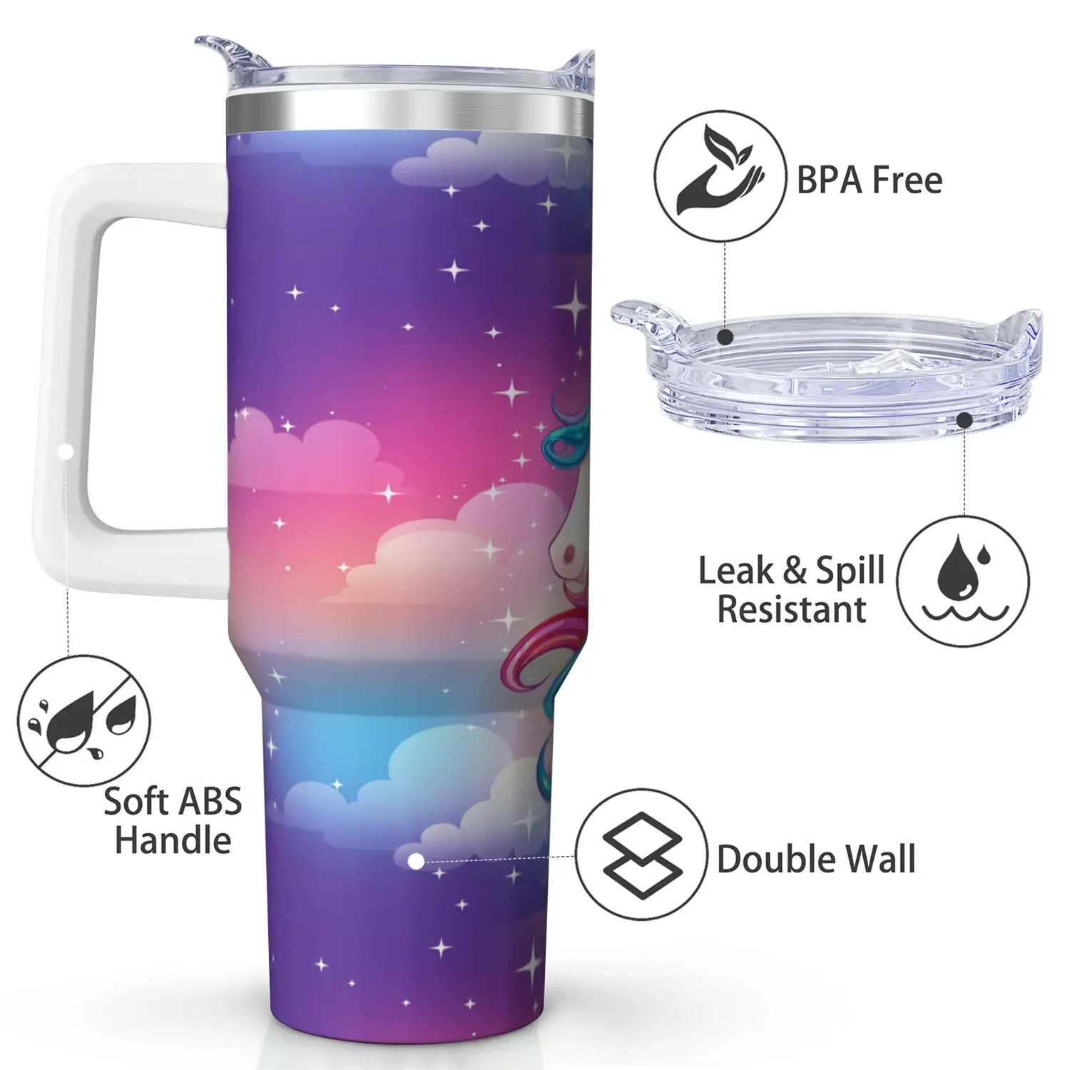 Unicorn Handle Cup Set with Straw | Maximum Capacity 40 Oz, Inner Layer 304 Stainless Steel, Outer Layer 201 Stainless Steel, Seamless Inner Liner, Lid Made of PC Material, Suitable for Home, Office, Outdoor, Sports, and Car Use