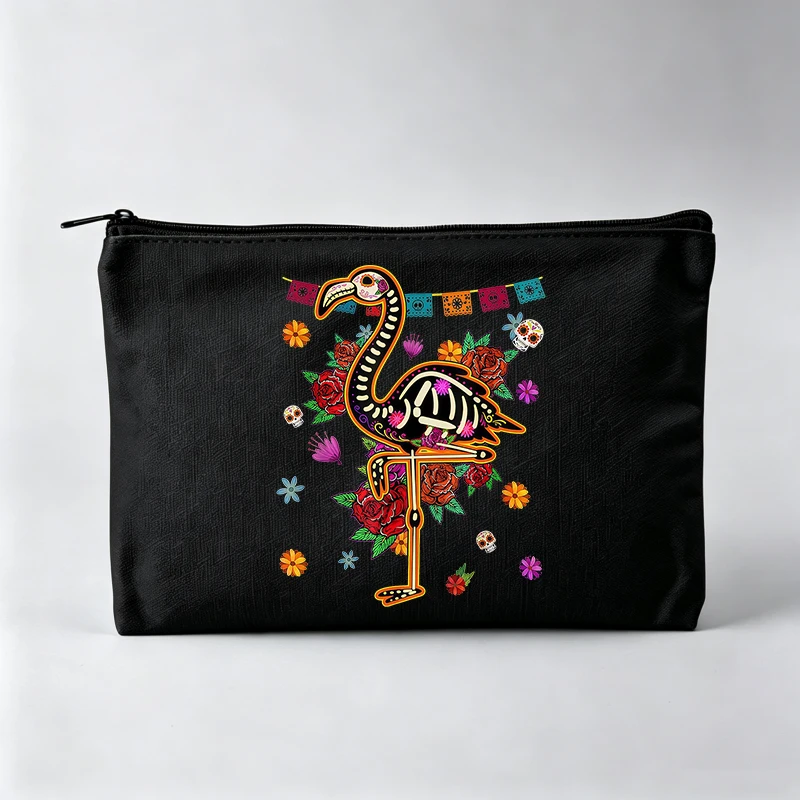 Women's Skeleton Flamingo Graphic Makeup Bag, Day of the Dead Style Cosmetic Pouch for Daily Use