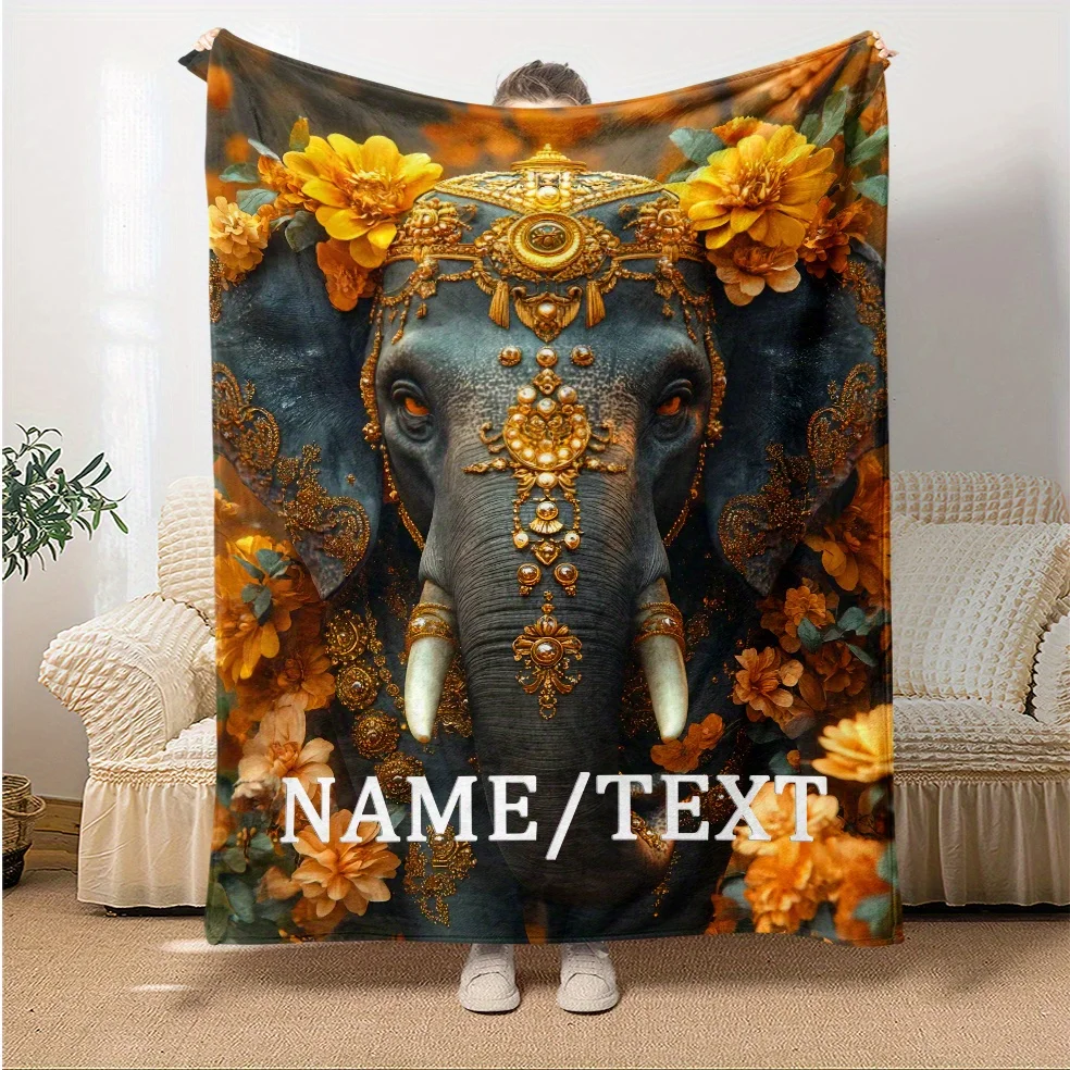Customizable Elephant Blanket - Soft Flannel Throw with Vibrant Floral and Jewel Design, Lightweight and Warm for Sofa, Bed