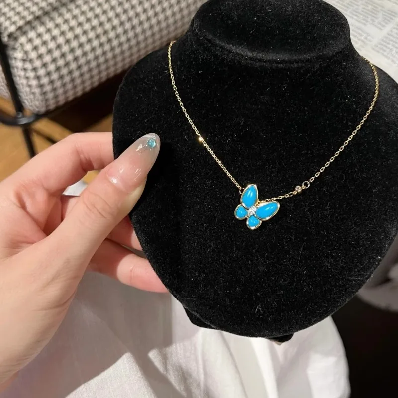 Minar Fantasy Blue Color Resin CZ Cubic Zirconia Butterfly Wings Pendant Necklaces for Women Real Gold Plated O-chain Chokers