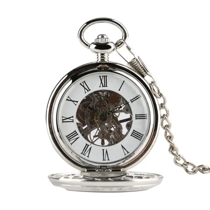 Vintage Hand Winding Mechanical Pocket Watch for Men Women Pendant Chain Half Hunter Roman Numerals Display Skeleton Clock