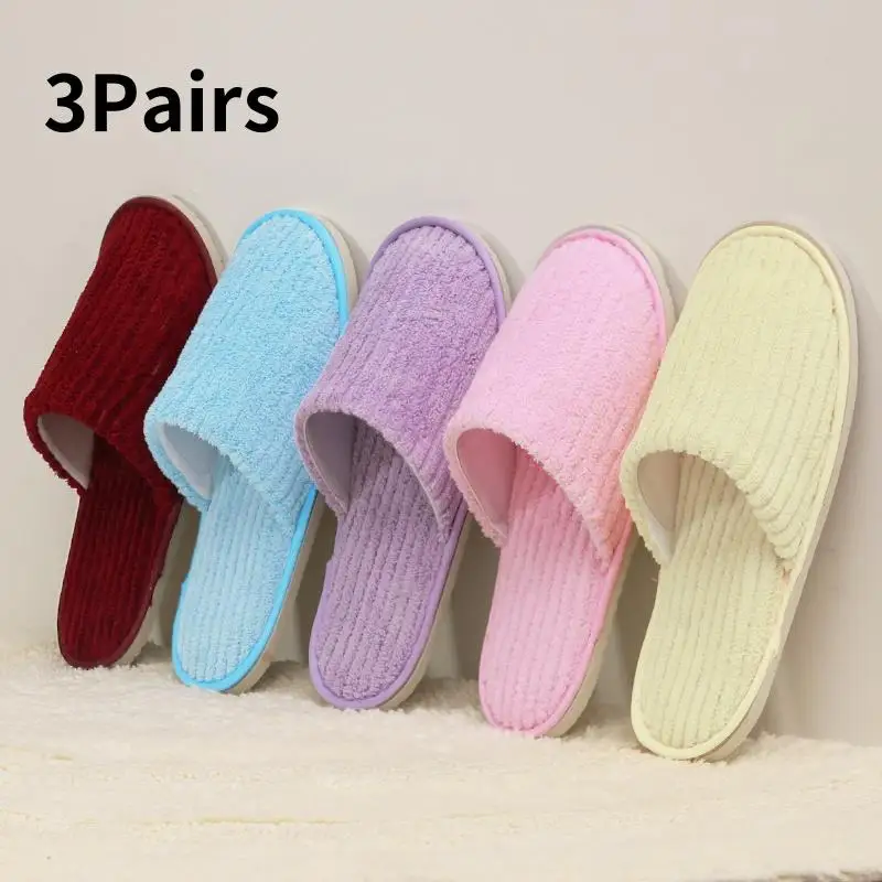 

3Pair Hotel Slippers for Men Women's Thicken Velvet Disposable Slippers Closed-Toe Anti-Slip Home shoes Cheap SPA Guest Slides