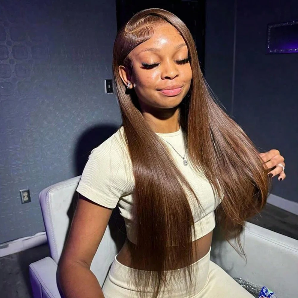 

Шоколадно-коричневые прямые парики из натуральных волос 13X6 Hd, кружевной фронтальный парик 13X4, предварительно сорванный кружевной передний парик # 4 цветных парика 30 36 дюймов