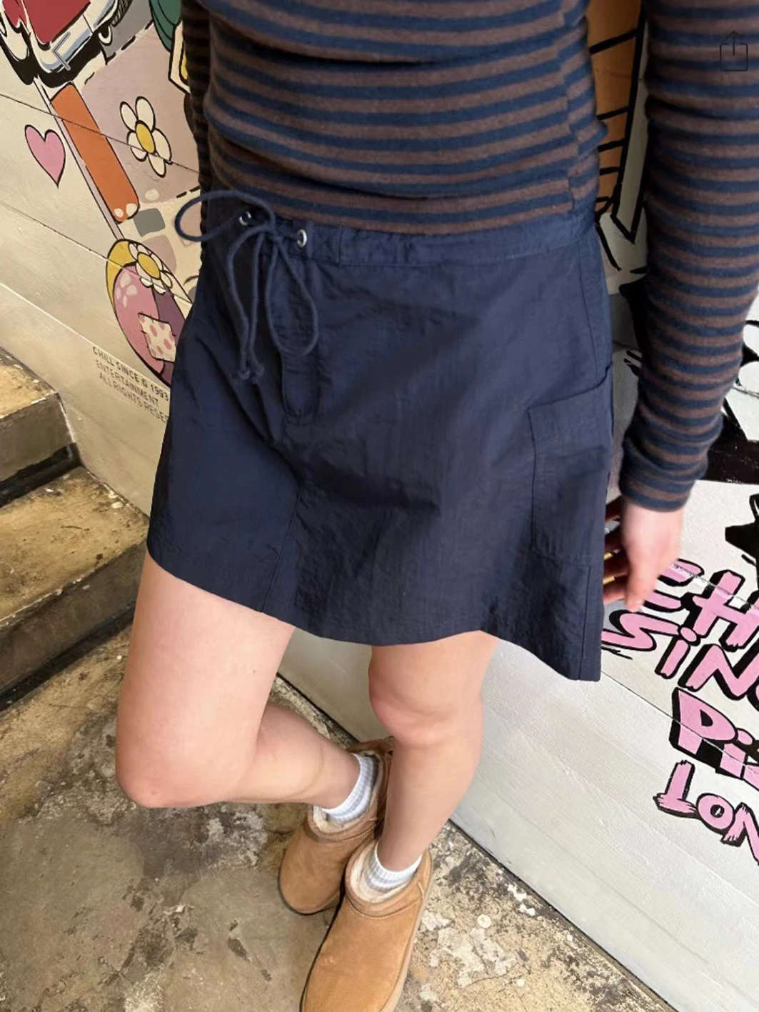 

Navy Drawstring Mini Skirts Woman Summer Pocket High Waist A-line Short Faldas Casual American Vintage Fashion Y2k Skirt