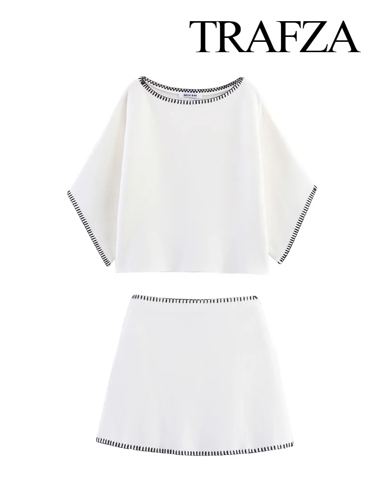 

TRAFZA 2025 Women Fashion Solid Crew Neck Contrast Embroidery Short Sleeve Knitted Pullover Top+High Waist Slim Short Skirt Suit
