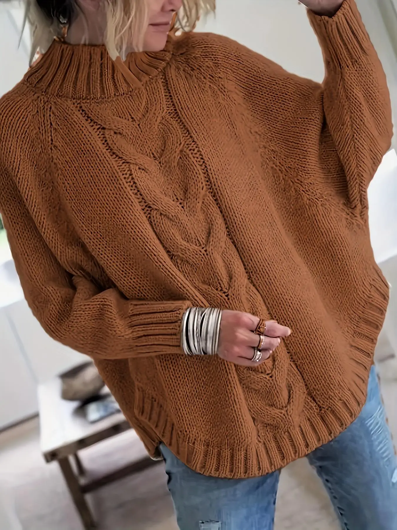 Damen Übergröße Lässiger Pullover mit Fledermausärmeln (Herbst/Winter) – Detail 9