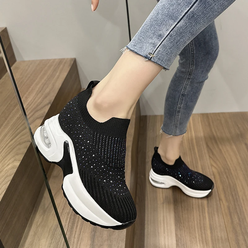 High Quality Shoes Air Cushion lightweight Breathable Sneakers For Women Fashion Rhinestone Platform Slip-on Shoes zapatillas