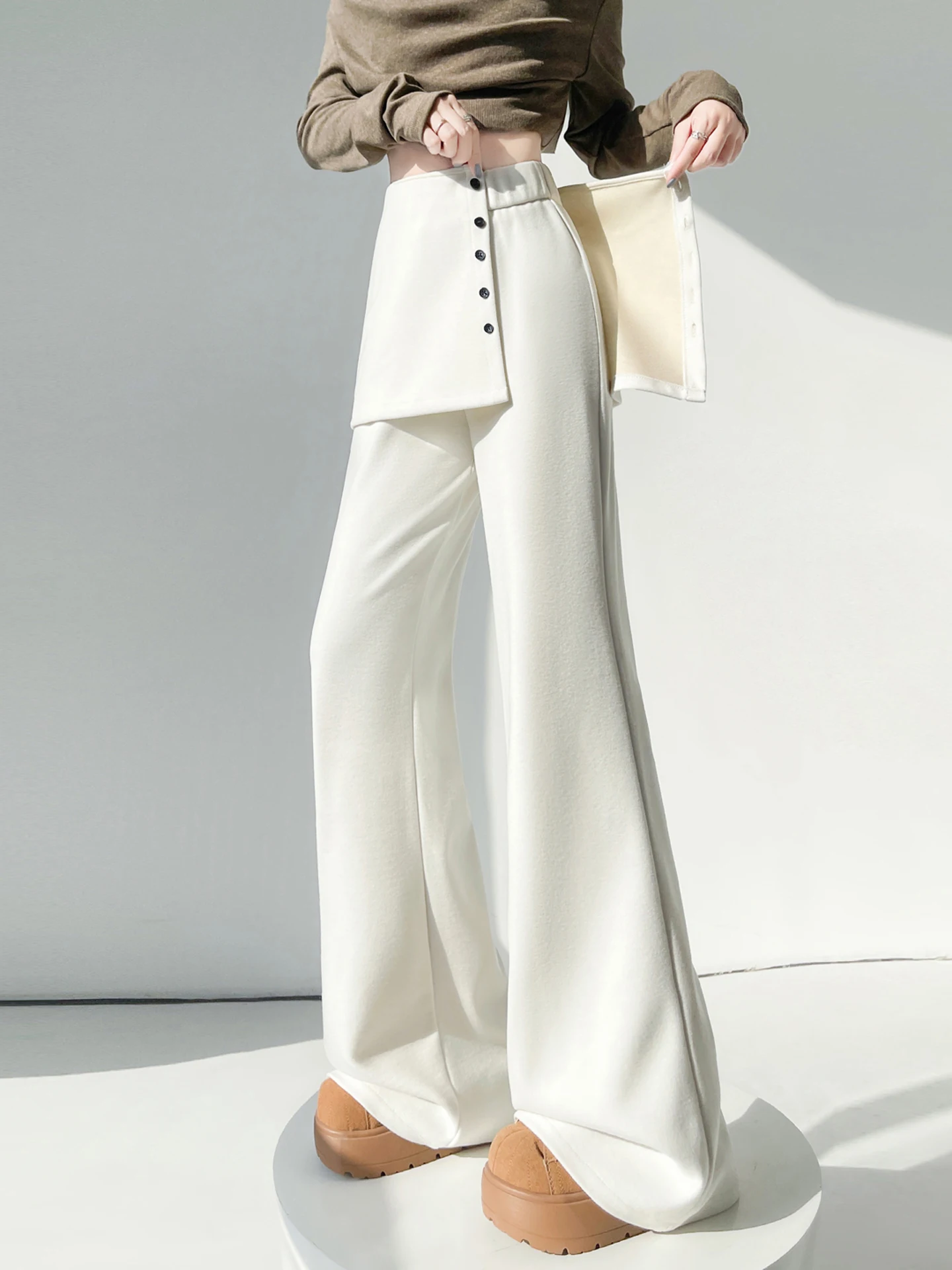 

White Detachable Flared Pants Women's Spring Autumn Casual Sports Sweatpants High Waist Knitted Polyester Blend Flared Trousers