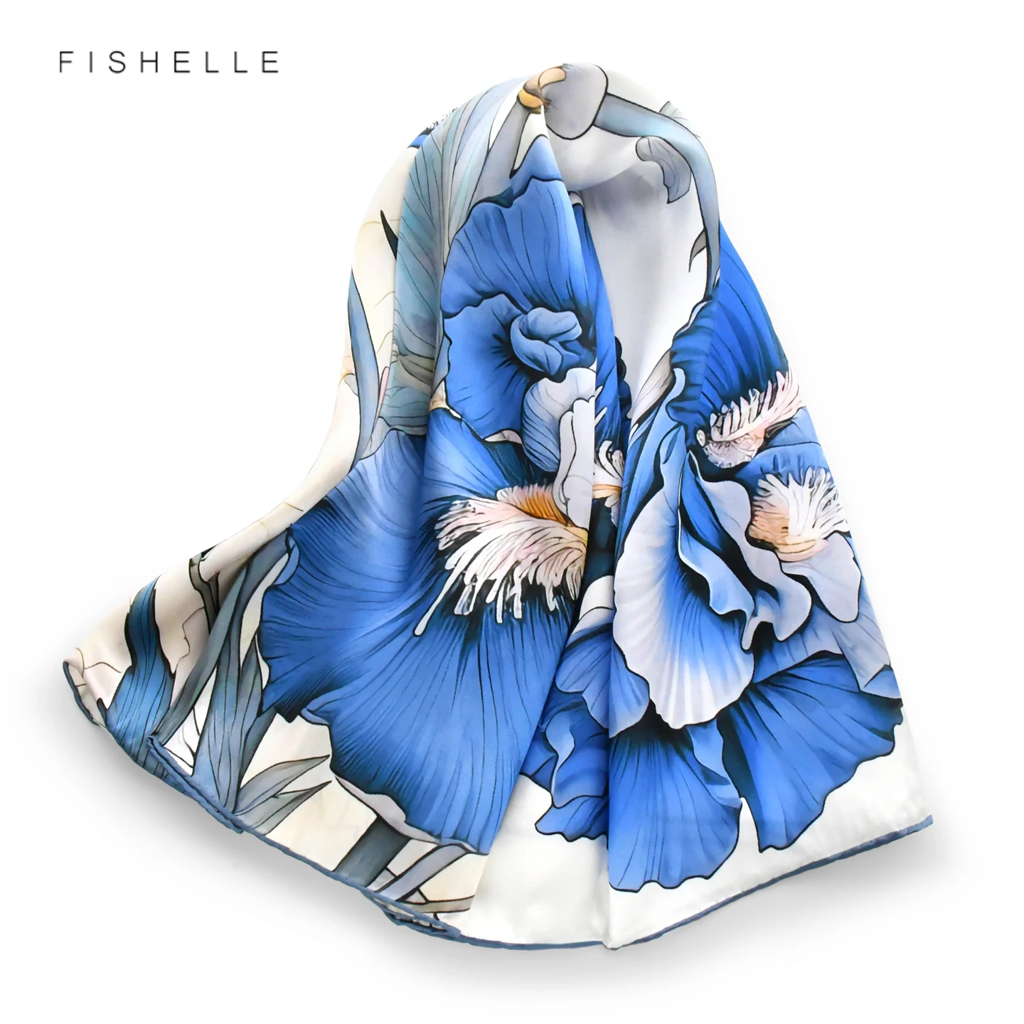 

Blue Floral 100% Silk Scarf Wrap Bandana Women Luxury Shawl Hijab 90CM Glossy Silk Satin Headscarf Neckerchief Female Scarves