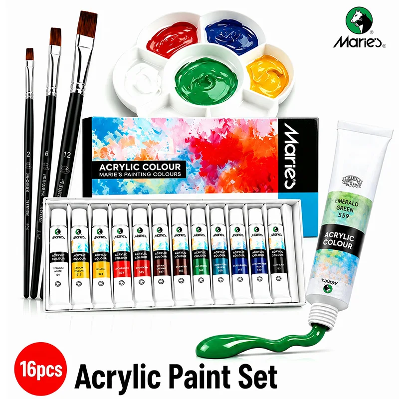 16-teiliges Marie's Acrylfarben-Set, 12 Farben in Künstlerqualität mit Reichhaltigen Pigmenten, Professionelles Kunstzubehör für Erwachsene (0,41oz/12 ml)