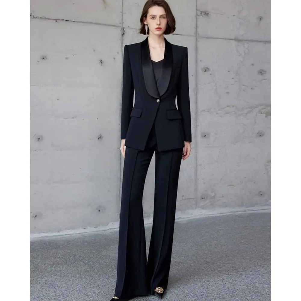 럭셔리 블랙 여성 정장 긴 소매 싱글 브레스트 플레어 바지 2 조각 여성 블레이저 세트 맞는 사무실 연회 레이디스 정장