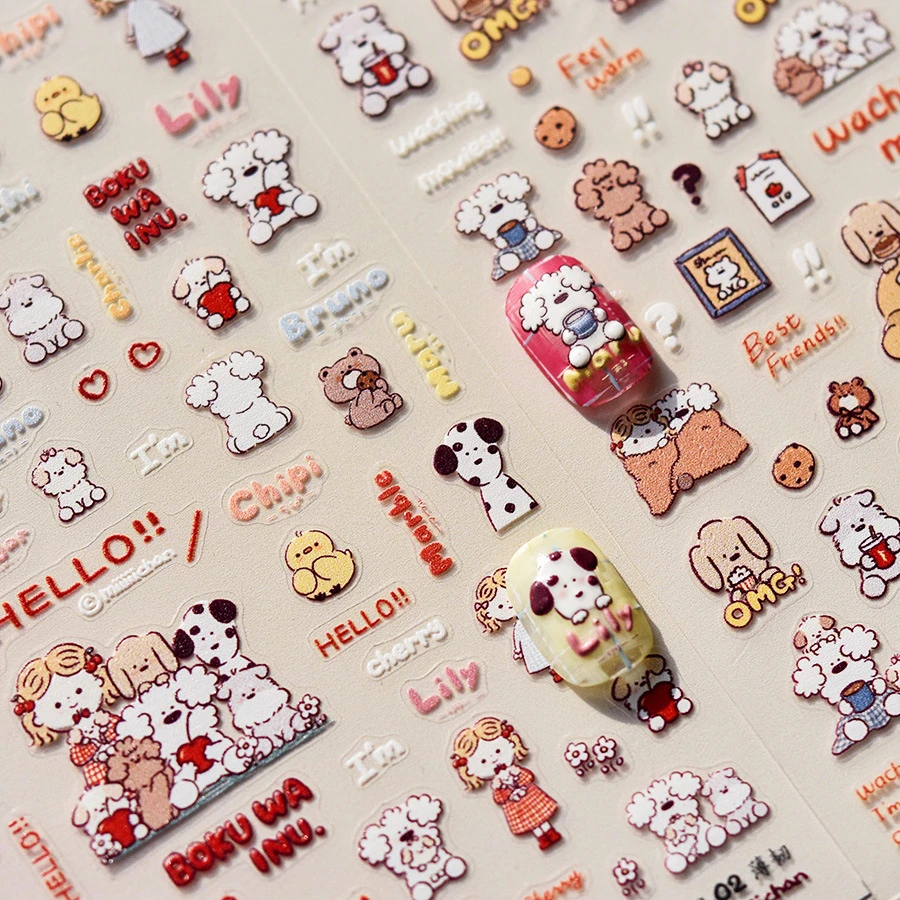 Pretty Cartoon Girl Dog Bear Chicken Animal Puppy 3D Soft Embossed Relief Self Adhesive Nail Art Sticker Japanese Manicure Decal