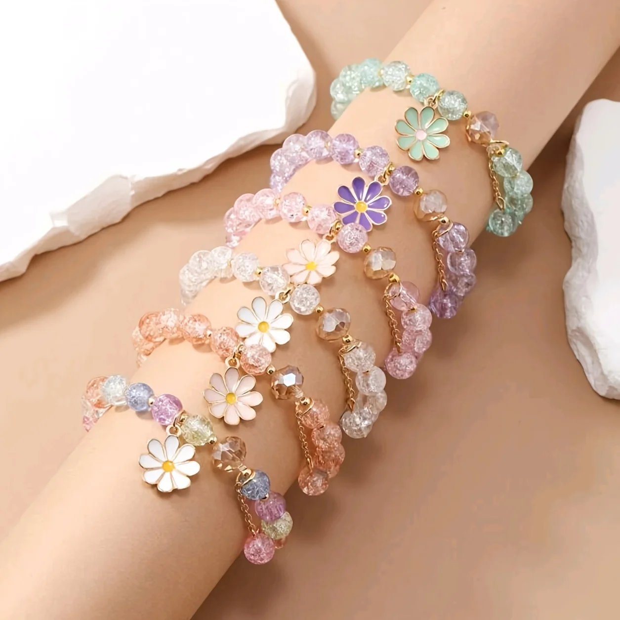 6pcs/Set Bohemian Colorful Flower Women's Bracelets, Daisy Glass Beaded Jewelry, Cute & Preppy Style,Perfect for Gift-Giving