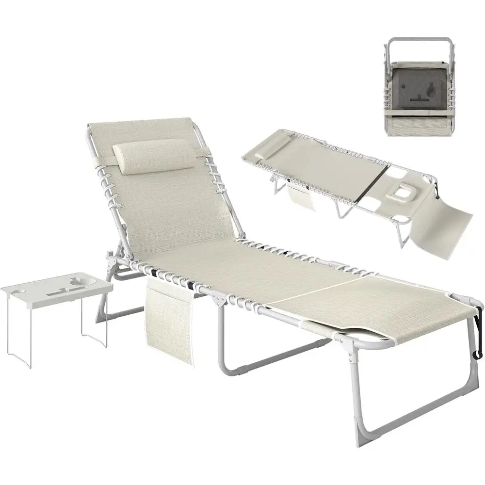 Tanning Chair with ace Hole, Side Table, 5-Position Reclining olding Chaise Lounge Chair Outdoor Lounger Recliner, Carry Straps