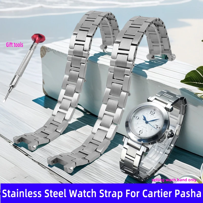 

19x12 мм, высококачественный модифицированный ремешок из нержавеющей стали для Cartier Pasha, мужской металлический ремешок для часов, браслет, бесплатные инструменты