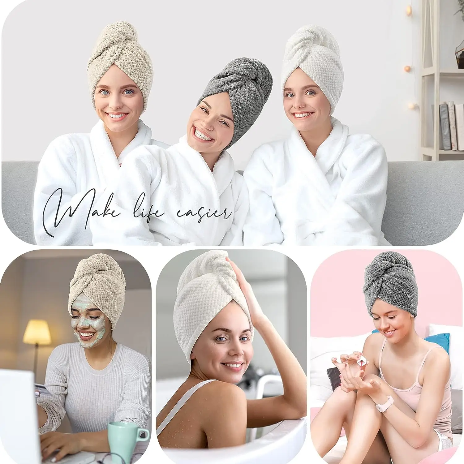 Solid Color Hair Turban Textured dry hair cap 9.8 inch X 25.5 inch Super Absorbent Hair Towel Wrap for Women with Button