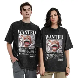 Luffy Wanted Bounty Nika Gear 5 4th Yonko Vintage Washed T-Shirt Men's 100%Cotton Tops Harajuku One Piece O-neck Short Sleeve