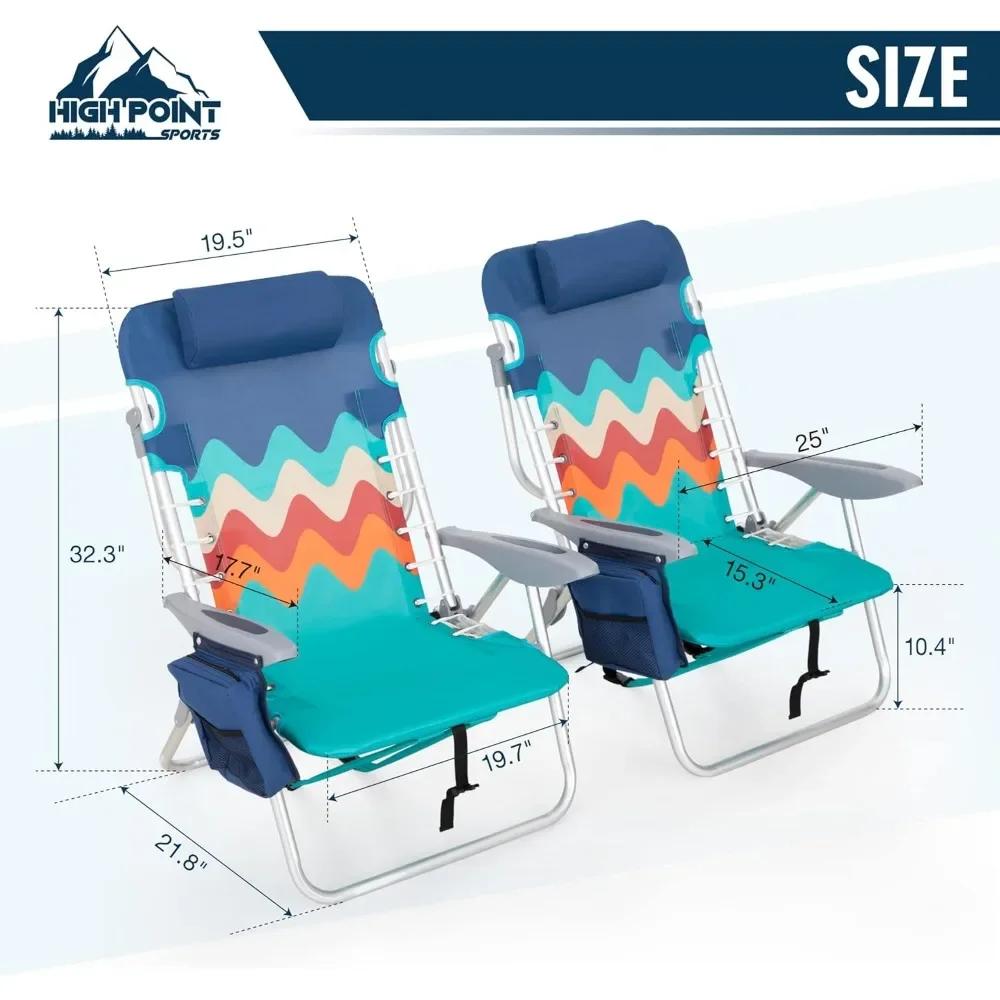 

Backpack Folding Beach Chairs Set of 2 – Lightweight Portable Reclining Chairs, 4 Positions, 250 lbs Capacity for Camping & Trav