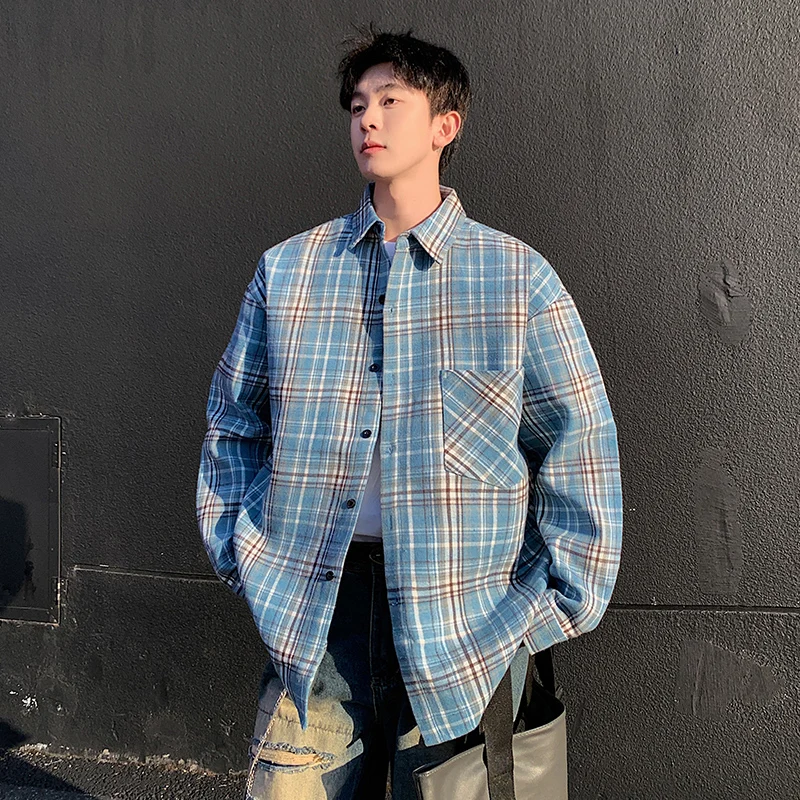

Spring Streetwear Men Plaid Long Sleeve Shirt 2026 Autumn Fashion Versatile Outerwear Coat Male American Retro Lapel Shirts Man