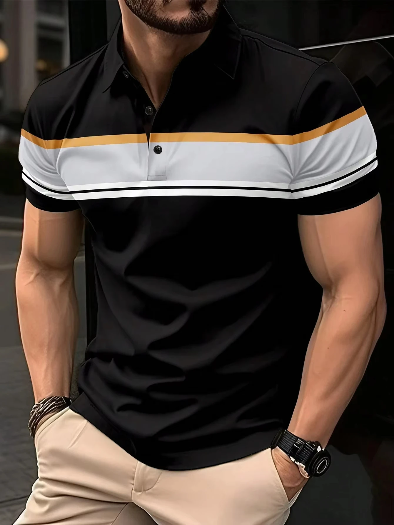 

Summer Men's Polo Shirt Button Collar Short Sleeve Pullover Sports Solid Color Striped Lapel Men's Casual T Shirt