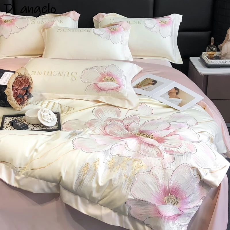 Luxury Egyptian Cotton Bedding Set Flower Embroidery Queen King Duvet Cover Bed Sheet Pillowcase Flat Sheet RU Europe 4PCS #/L