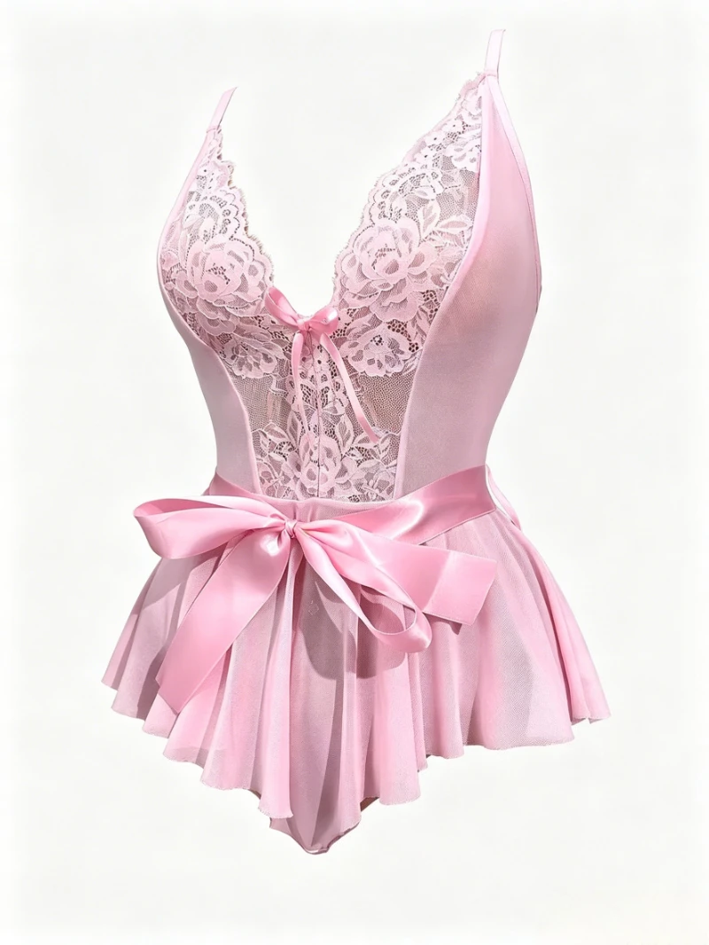Sexy Waist Belt Floral Lace Mesh Pajamas Bodysuit, Shapewear With Bow Stitching Lace, Open-Back See-Through Sexy Lingerie Bodysuit Available
