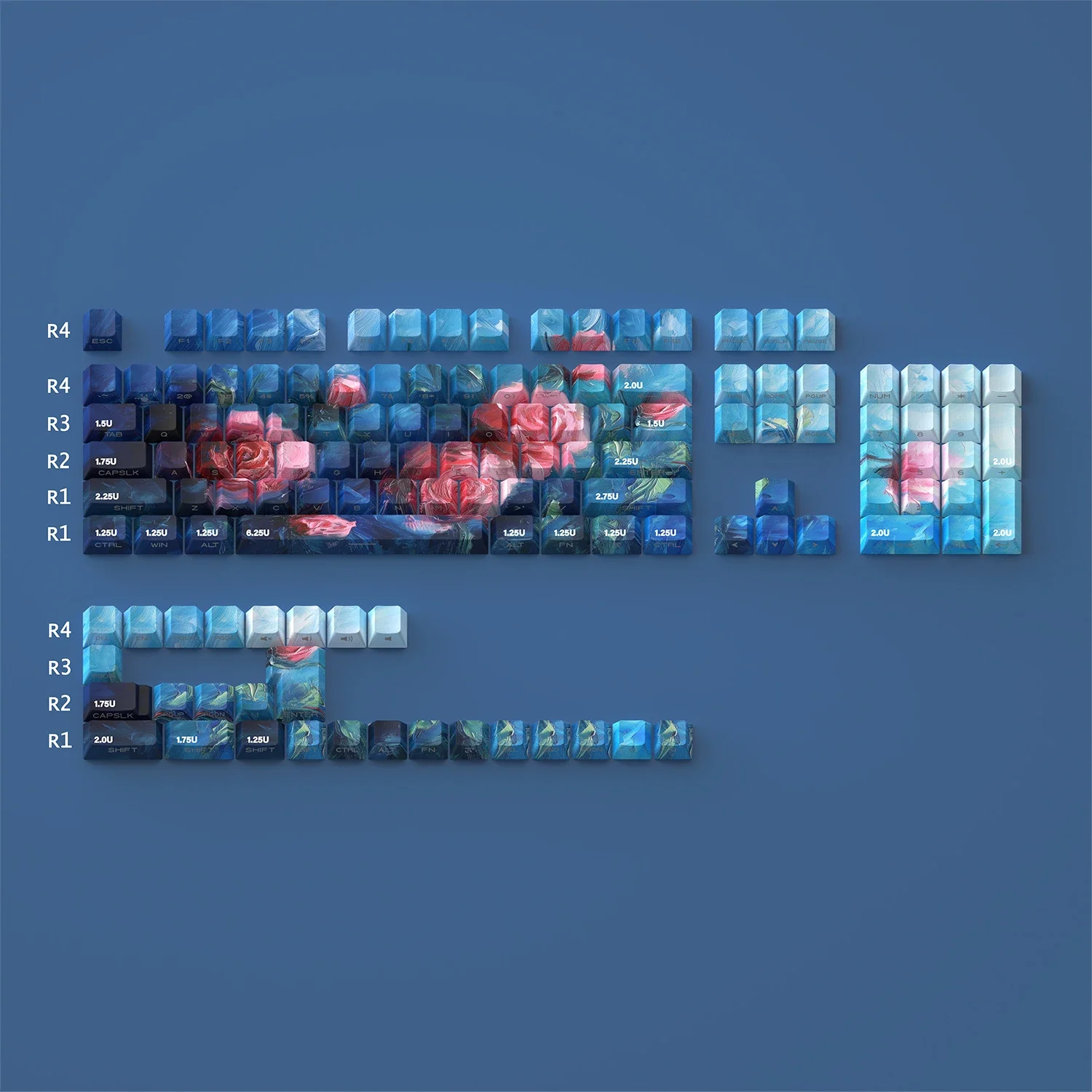 130 Keys Keycaps PBT Dye Sub Cherry Rose Blue Side Print Backlight Through for Mechanical Keyboard AULA F75 Ajazz AK820 Pro Game