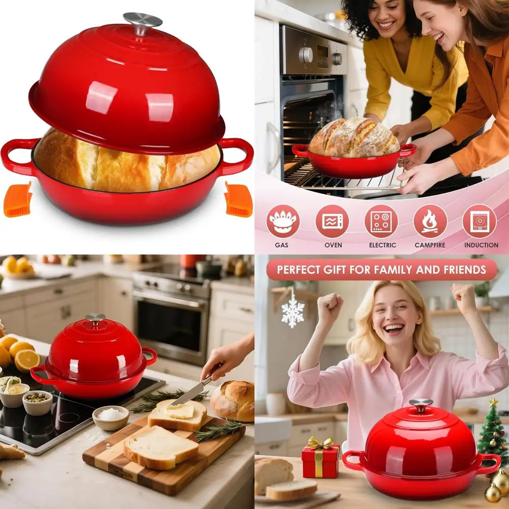 

Эмалированная чугунная голландская духовка, куполообразная антипригарная кастрюля для выпечки хлеба с крышкой, силиконовыми ручками и скребком, красный