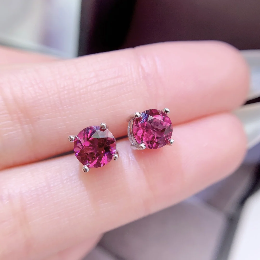 LANZYO 925 Sterling Silver natuarl Magnesium Garnet Stud Earrings Birthday Gift  Fine Jewelry Woman Earring 6mm  e060622agsm