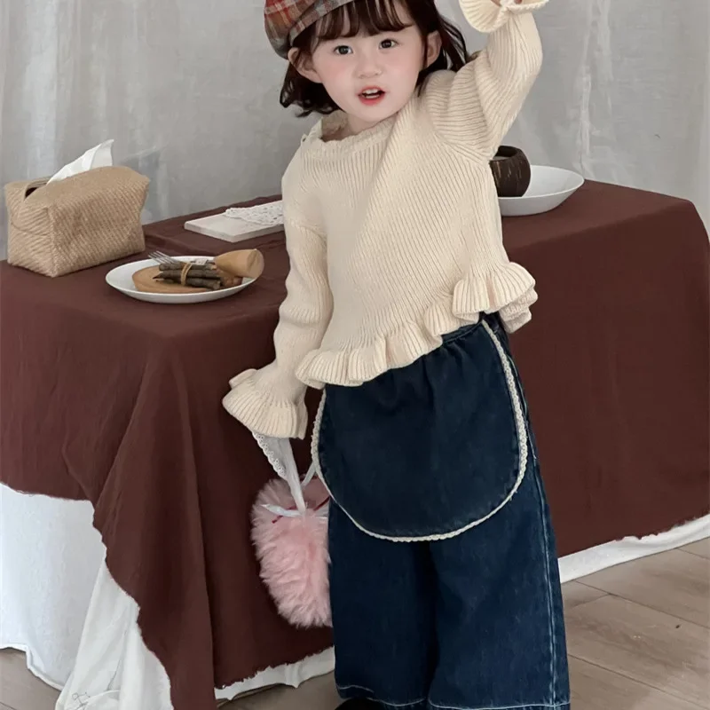 Girls Suit 2024 Autumn New Childrens Wear Korean Girl Baby Lace Farts Curtain Denim Wide-leg Pants Two-piece Set Casual Simple