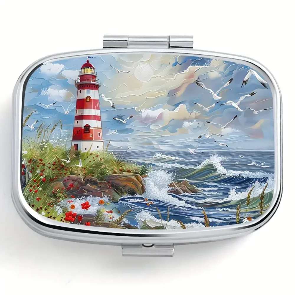 1PC Lighthouse Square 2-Compartment Metal Box, Portable for Pills & Jewelry