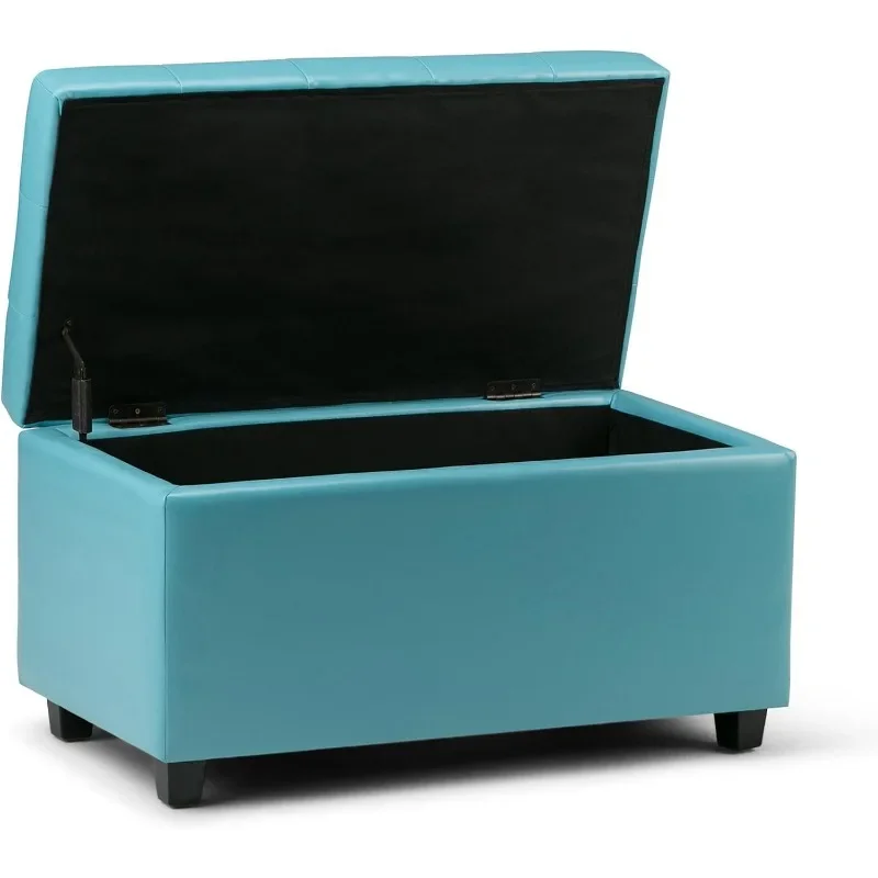 Cosmopolitan 34 inch Wide Rectangle Lift Top Storage Ottoman in Upholstered Soft Blue Tufted Faux Leather, Footrest Stool