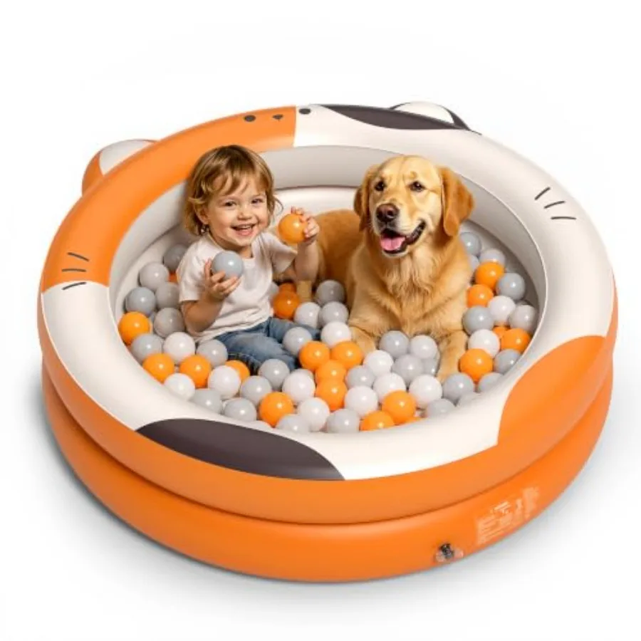 

Toddler cat ball pits for indoor play, PVC inflatable pool in pastel pink, includes built-in air pump for quick setup and defla