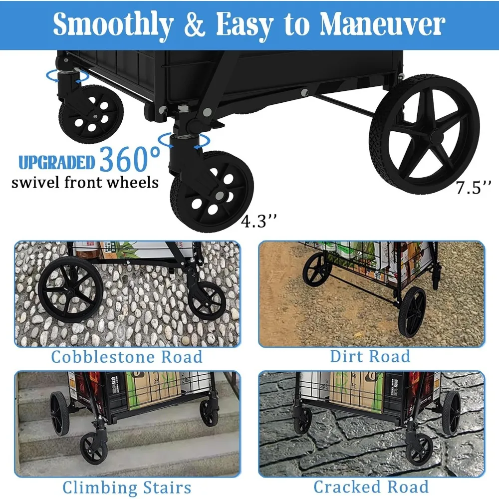 Carro de compras plegable resistente para comestibles a granel con ruedas giratorias de 360 grados, carro de gran capacidad, bolso impermeable, util portátil