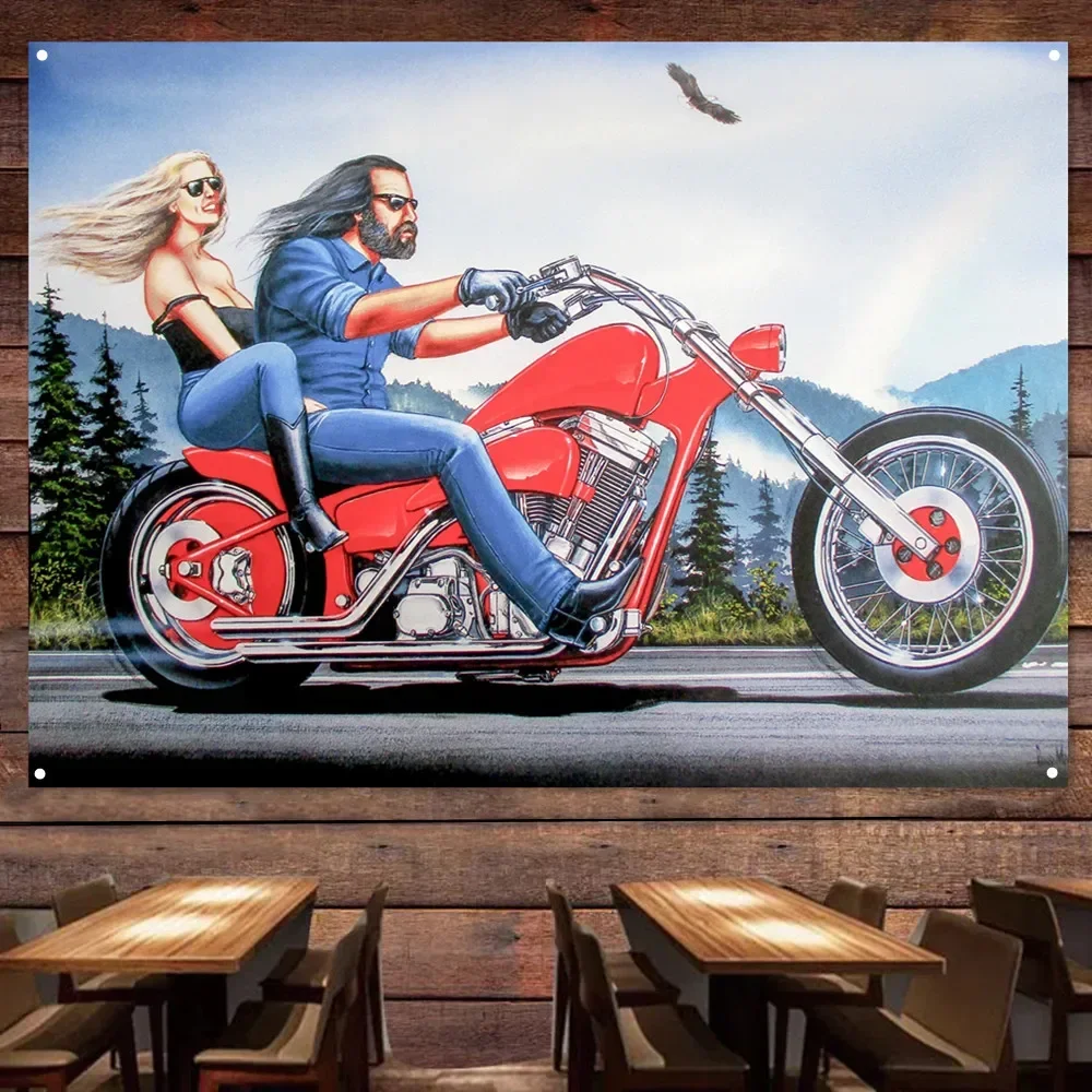 The Rider Red Motorcycle Painting for Garage Vintage Decor Banner Wall Flag Gas Station Man Cave Auto Poster Home Decor Stickers