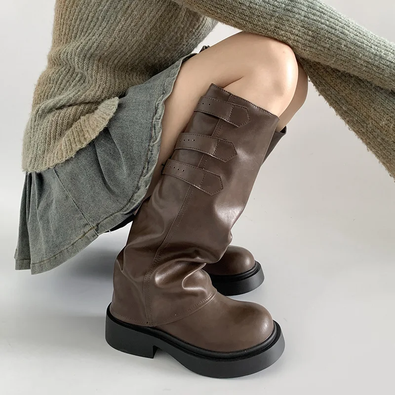 Retro Chunky Heeled Thick Soled Boots High Knight Botas Women's Motorcycle Women's Black Brown Belt Buckle Pile Bota Feminina