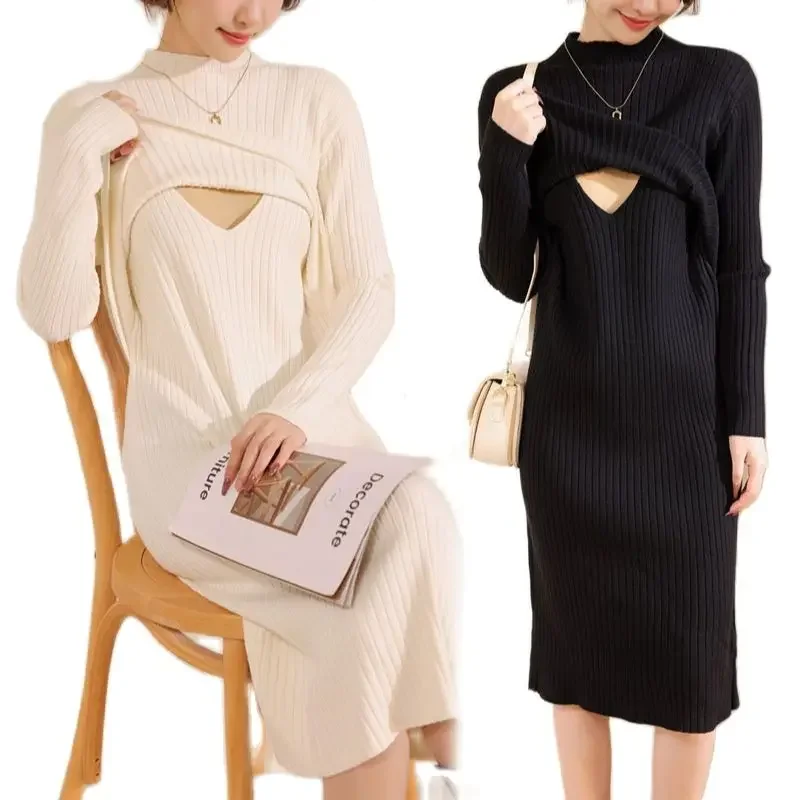 Winter Postpartum Woman Breastfeeding Dress Long Sleeve Maternity Knit Nursing Clothes Solid Color Pregnancy Lactation Clothes