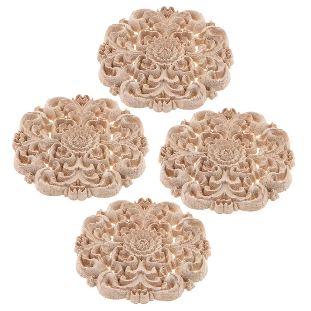 4Pcs European Style Wooden Hand Carved Appligue for Furniture Decoration