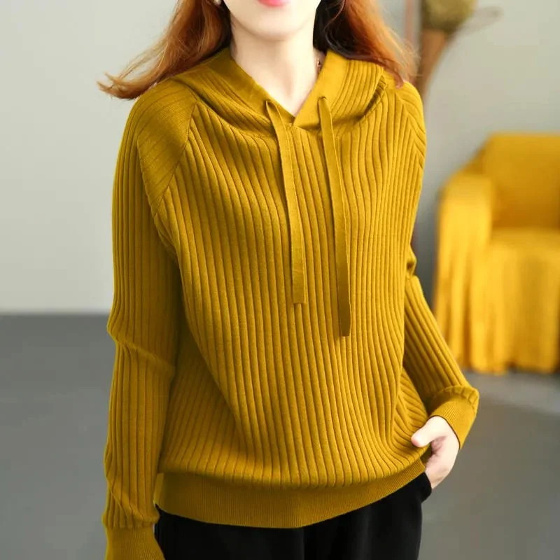 Knitted Jacket Hooded Women Spring Autumn 2024 New Pullover Sweater Coat High Elastic Short High Quality Bottoming Female Tops