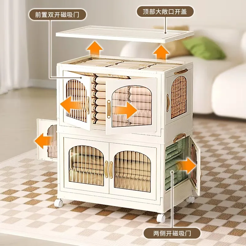 Stackable storage bins with foldable lids, wheels and doors for